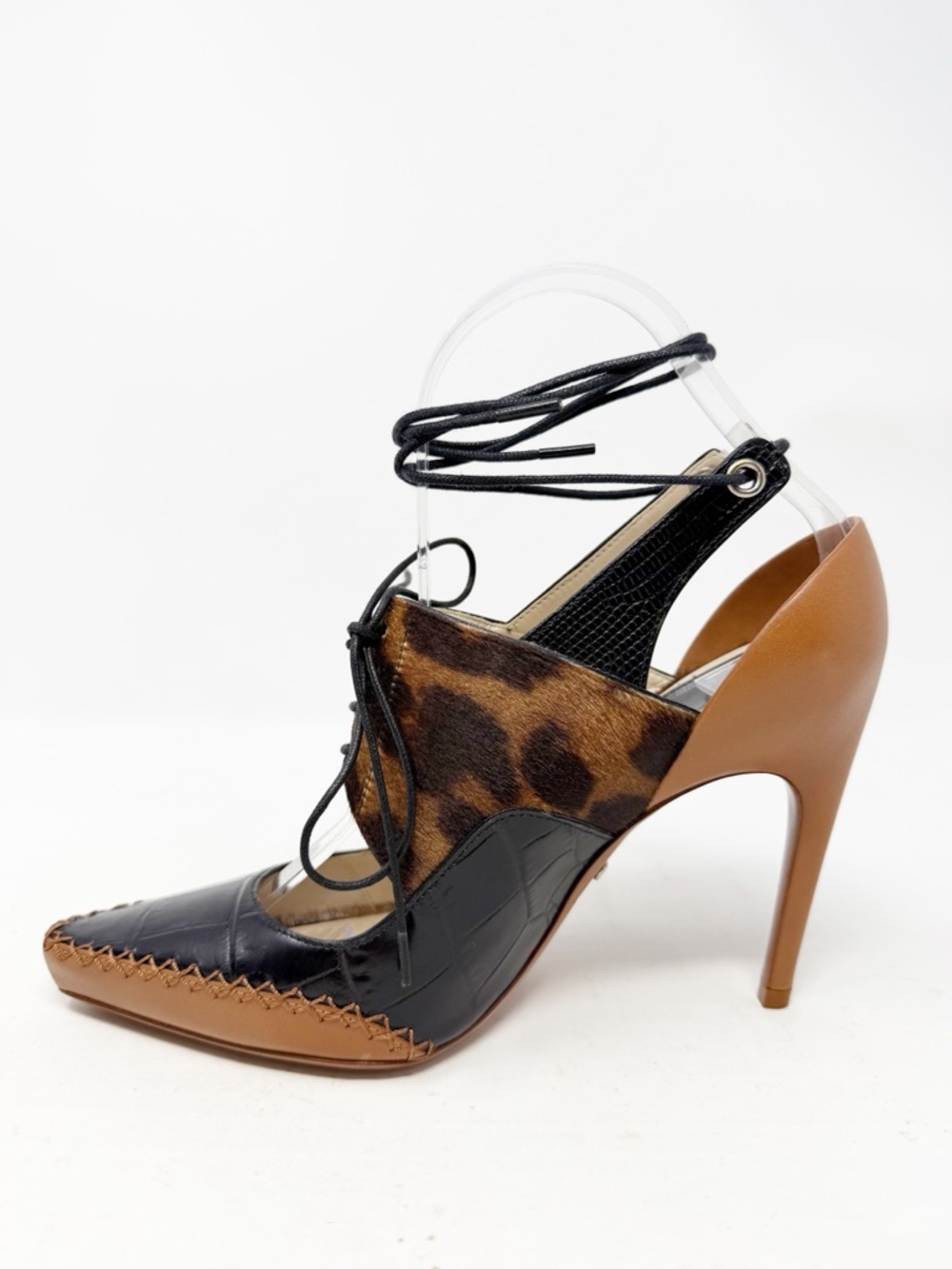 Christian Dior Leopard Calf Hair Lace Up Heels Pointed Toe Womens Size EU 37.5 - Picture 5 of 11